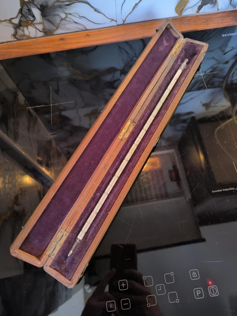 Antieke thermometer in houten kist – vintage meetinstrument, Ophalen of Verzenden