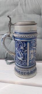 Antieke Duitse Bierpul met Tin Deksel - Jachtscène, Antiek en Kunst, Antiek | Keramiek en Aardewerk, Ophalen