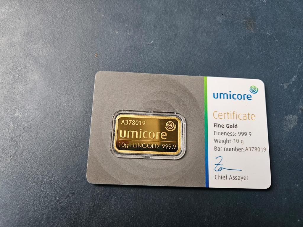 Topmerk goudbaar van het kwaliteitsmerk Umicore 10 gram., Ophalen, Goud