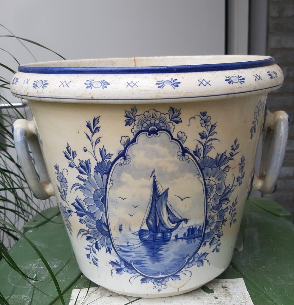 Delfs Blauwe pot met oren., Tuin en Terras, Bloempotten, Rond, Zo goed als nieuw, Minder dan 40 cm, Aardewerk