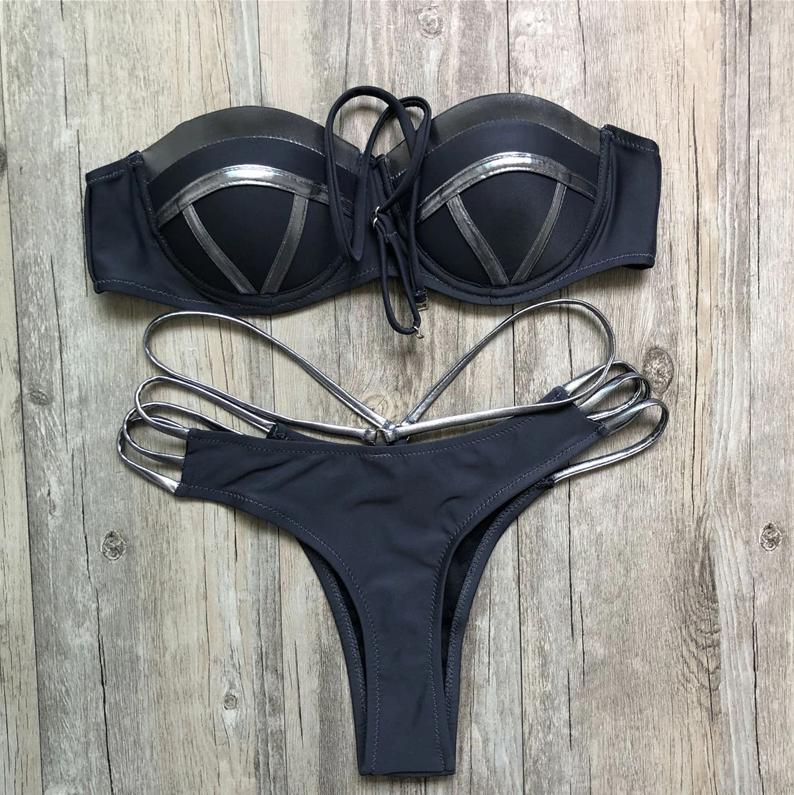 Zwarte zilveren push up string bikini dames vrouwen, Verzenden, Nieuw, Zwart, Bikini