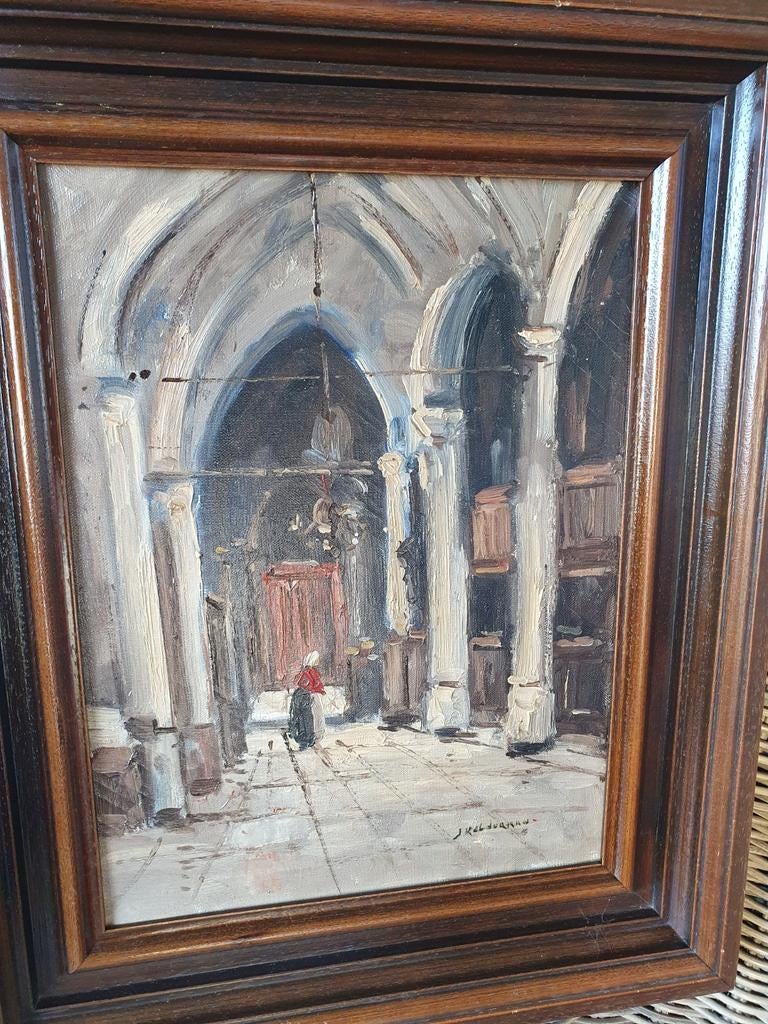 Schilderij J. Kelderman van kerkinterieur, Antiek en Kunst, Kunst | Schilderijen | Klassiek, Ophalen of Verzenden