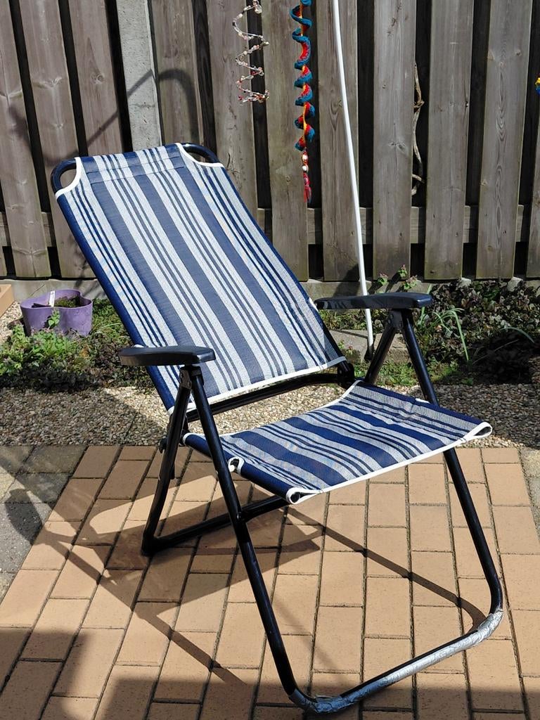 Blauw-wit gestreepte tuinstoel campingstoel, Tuin en Terras, Tuinstoelen, Ophalen, Zo goed als nieuw, Aluminium, Inklapbaar