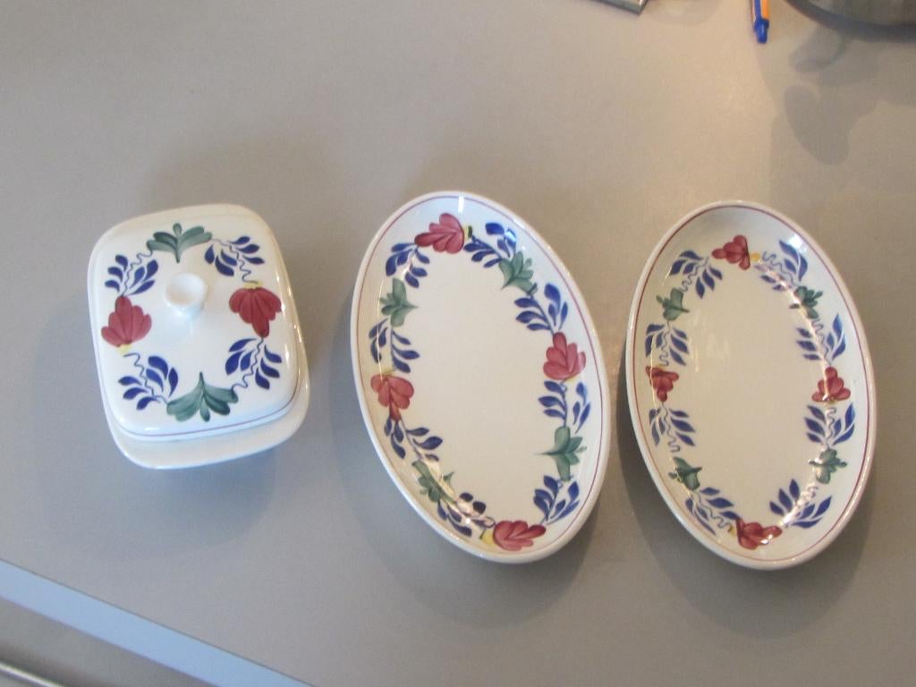 Boerenbont botervloot en 2 vleeswarenschaaltjes, Ophalen, Overige typen, Zo goed als nieuw, Aardewerk