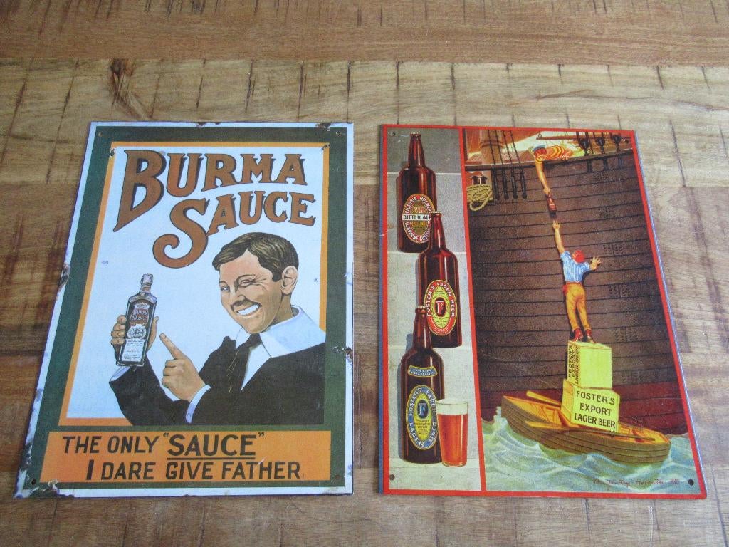 2 ijzeren bord Reclamebord platen BURMA SAUS + FOSTER'S BIER, Verzamelen, Biermerken, Ophalen of Verzenden, Zo goed als nieuw