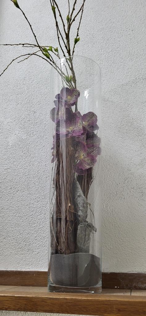 2 Grote glazen vaas met kunstbloemen en takken, Ophalen, Overige kleuren, 75 cm of meer, Glas