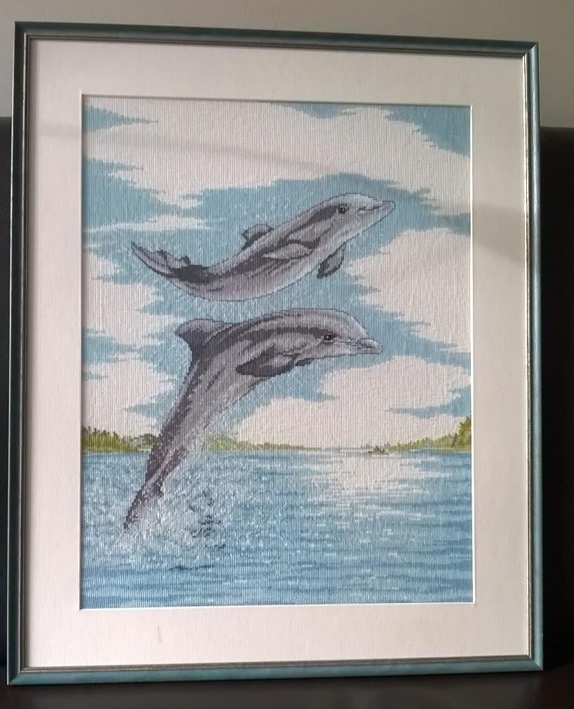 Geborduurd schilderij: Dolfijnen, Ophalen, 50 tot 75 cm, Overige typen, Nieuw