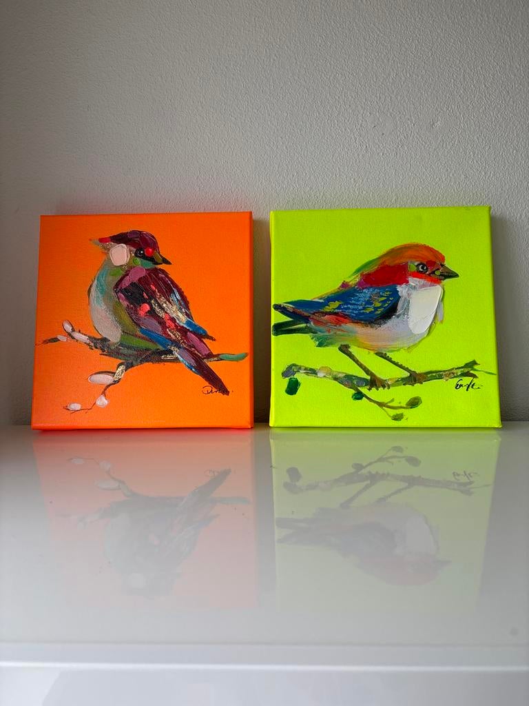 Twee schilderijen van vogels op doek, Ophalen of Verzenden