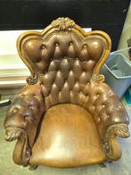 Luxe Chesterfield fauteuil - Bruin leer en hout, Huis en Inrichting, Fauteuils, Ophalen, 75 tot 100 cm, 75 tot 100 cm, Leer