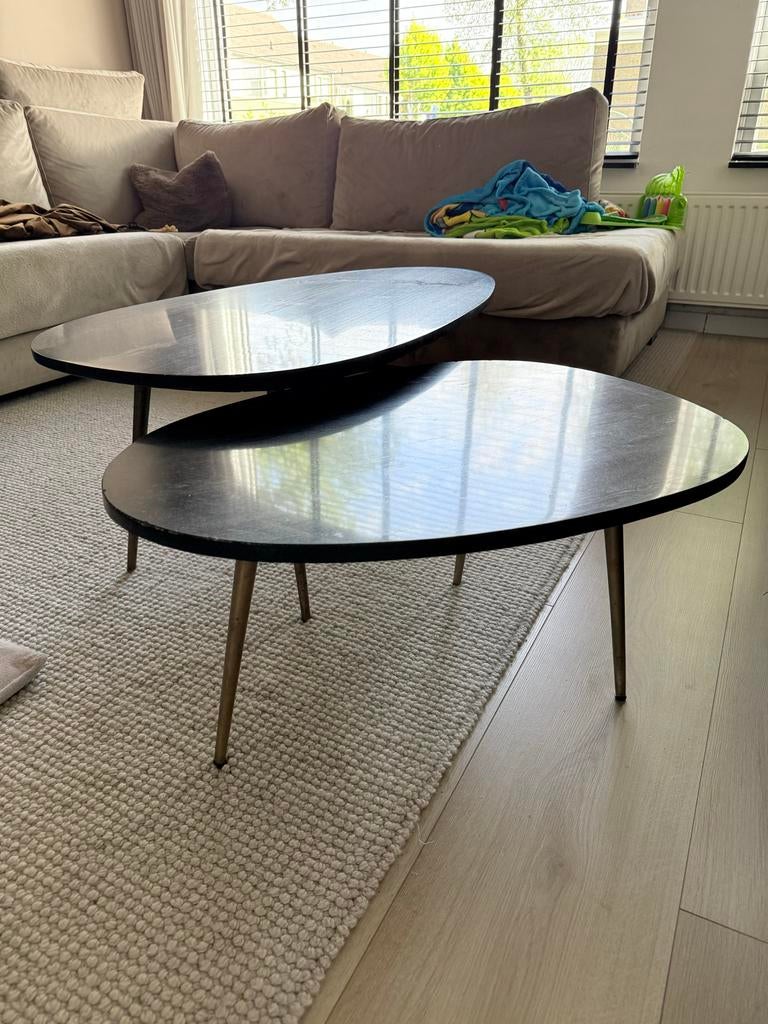 Ovale marmeren Salontafels met Zwart Blad en Gouden Poten, Overige materialen, Gebruikt, 100 tot 150 cm, Abc