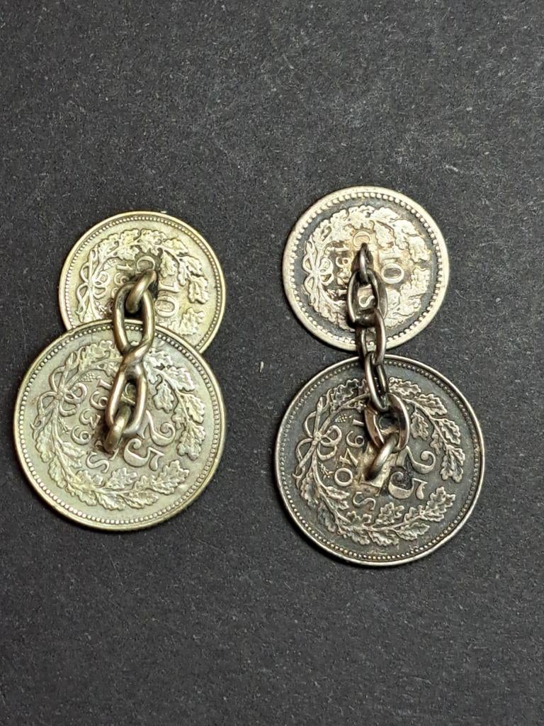 Manchetknopen van dubbeltje en kwartje Wilhelmina, Verzenden, Zilver, 25 cent, Koningin Wilhelmina