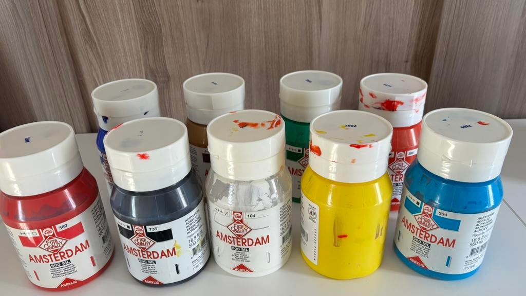 Acrylverf, penselen, extra’s, papier en schildersezeltje, Hobby en Vrije tijd, Ophalen of Verzenden, Gebruikt, Acrylverf