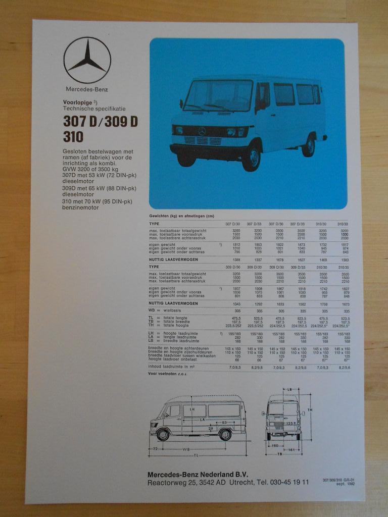 Mercedes 307 309 310 Technische Specificatie 1982 307D 309D, Zo goed als nieuw, Mercedes-Benz, Mercedes, Ophalen of Verzenden