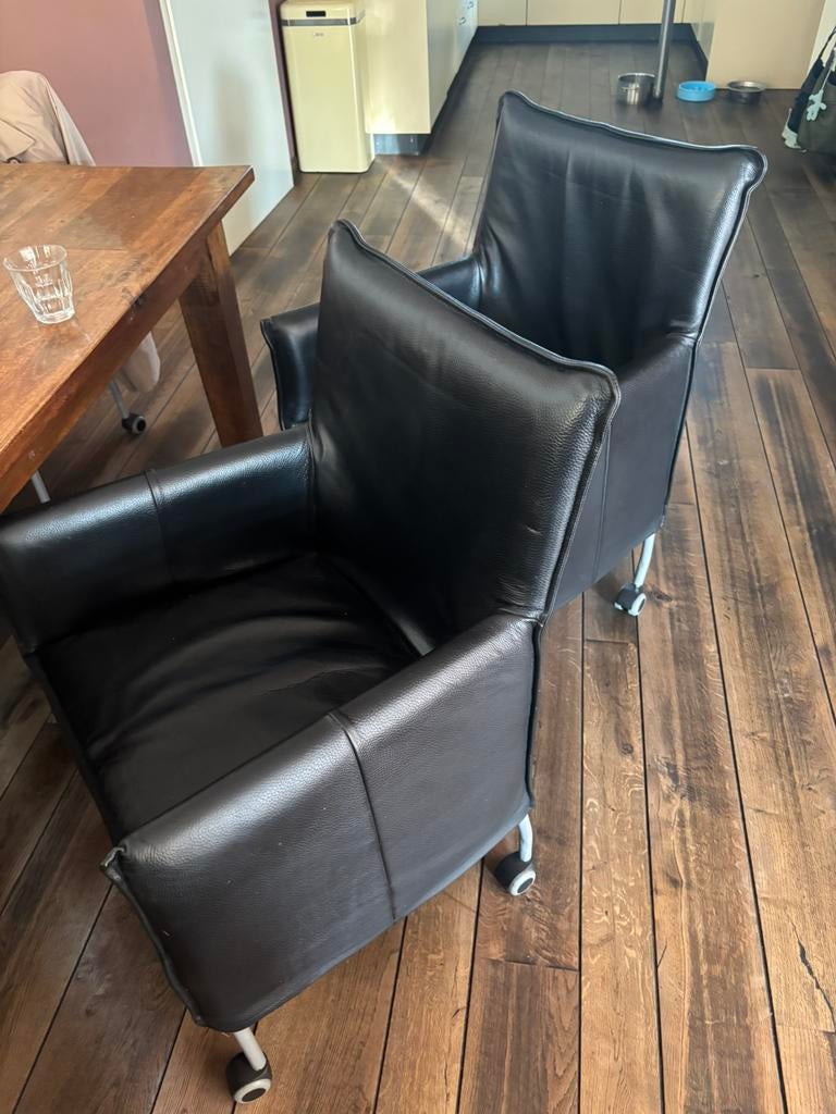 6 leren eetkamerstoelen met wieltjes, Huis en Inrichting, Fauteuils, Ophalen, Gebruikt, Minder dan 75 cm, Leer