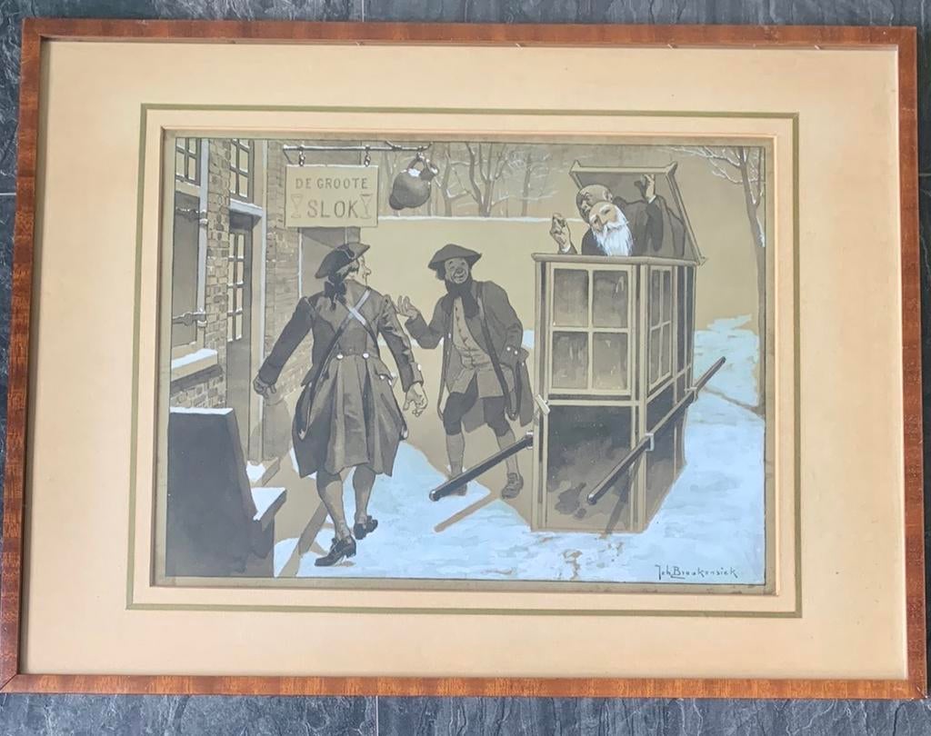 De Groote Slok, gesigneerd J.H. Braakensiek, Antiek en Kunst, Kunst | Etsen en Gravures, Ophalen, Dagelijks leven, Overige technieken