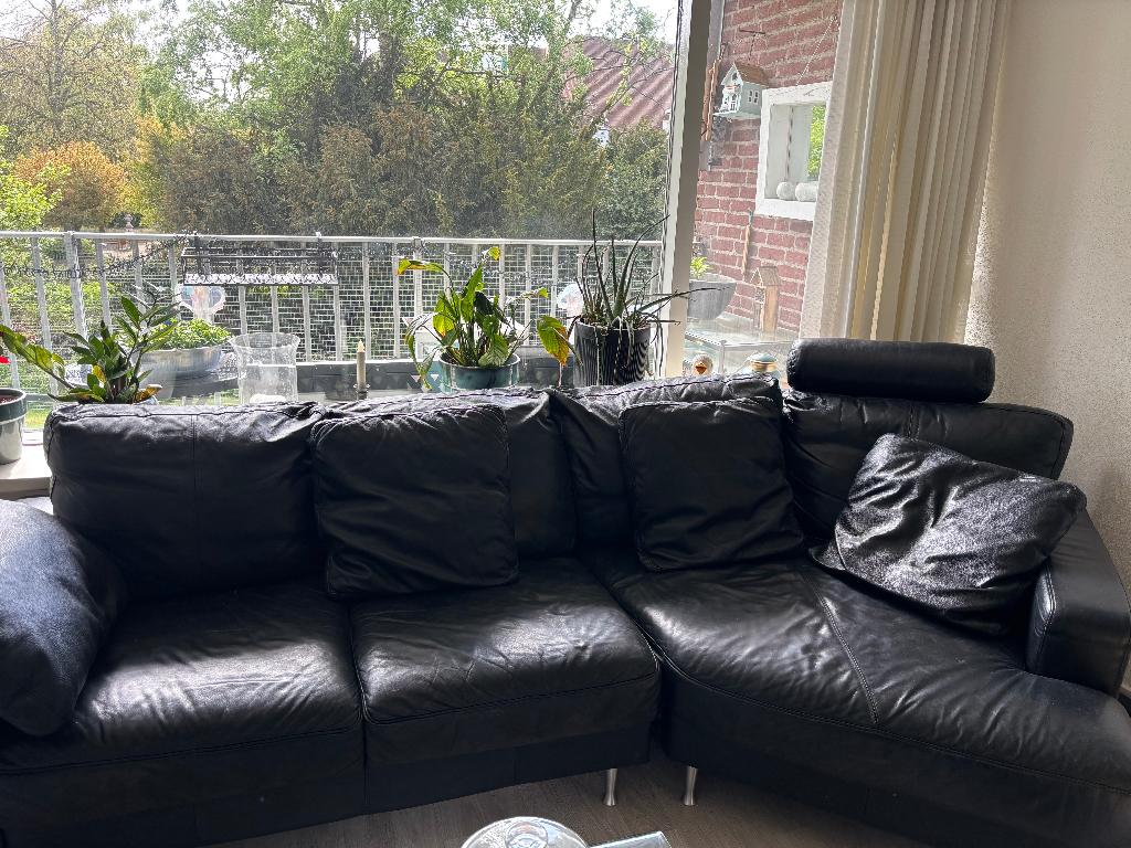 Te koop aangeboden zwart leren bankstel, Huis en Inrichting, Banken | Bankstellen, Ophalen, Gebruikt, 75 tot 100 cm, Leer