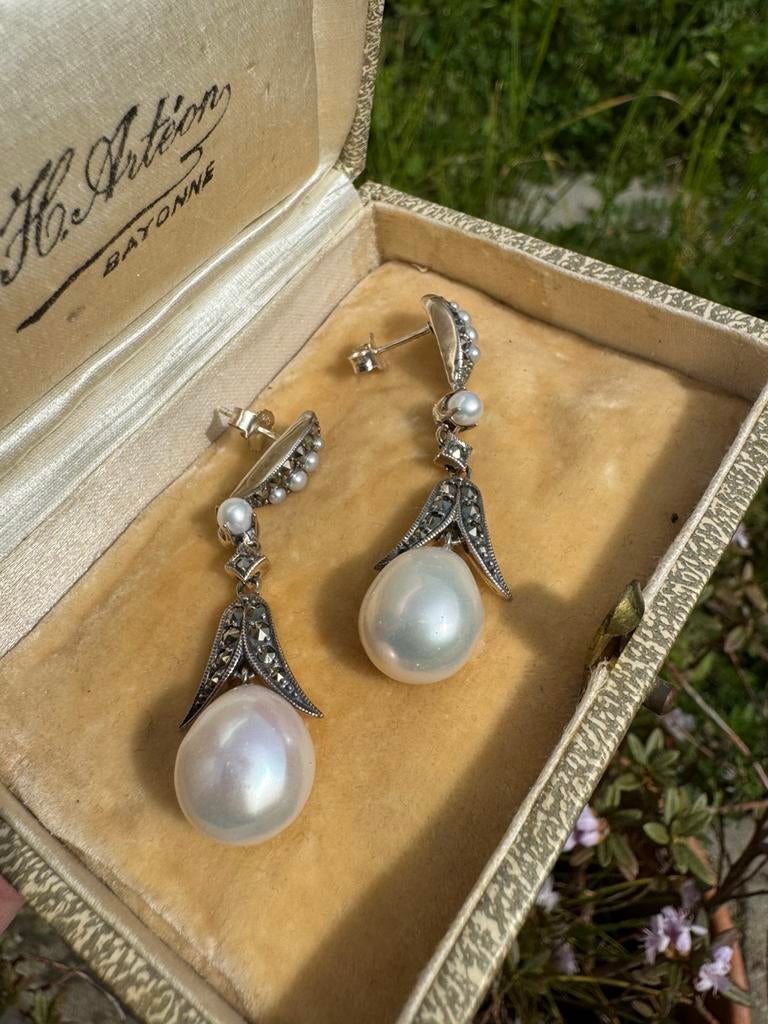 Art deco oorbellen met parel, Verzenden, Nieuw, Zilver