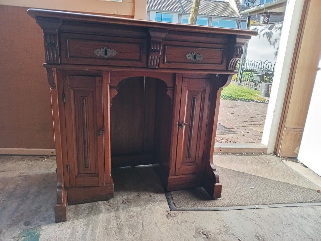 Antiek eikenhouten bureau met lades en kasten, Ophalen of Verzenden