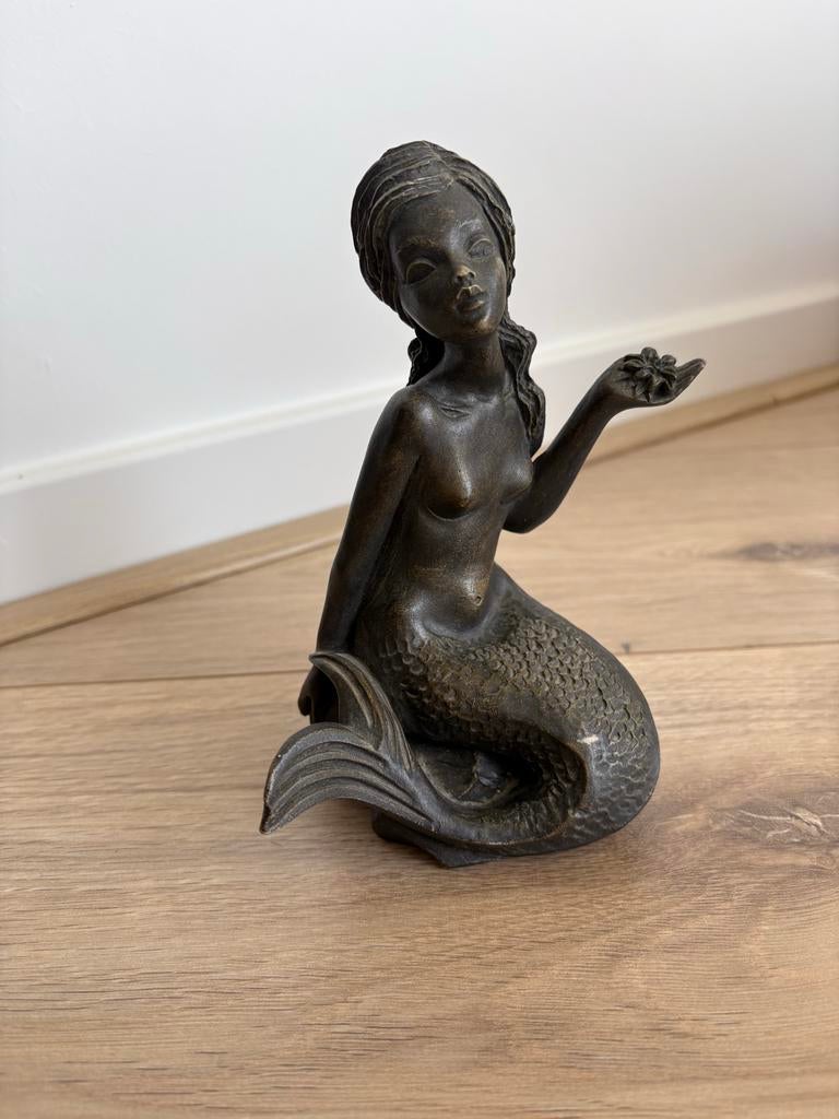 Vintage Antiek Bronskleurig Zeemeermin Beeldje, Ophalen of Verzenden, Zo goed als nieuw, Fantasy