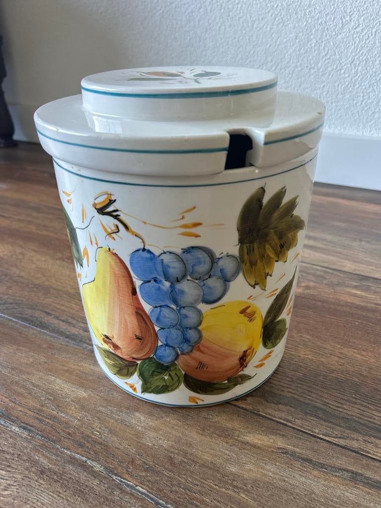 Vintage Voorraadpot met Fruitdecoratie 22 cm hoog, Gebruikt, Ophalen of Verzenden, Voorraadpot, Steen/keramiek