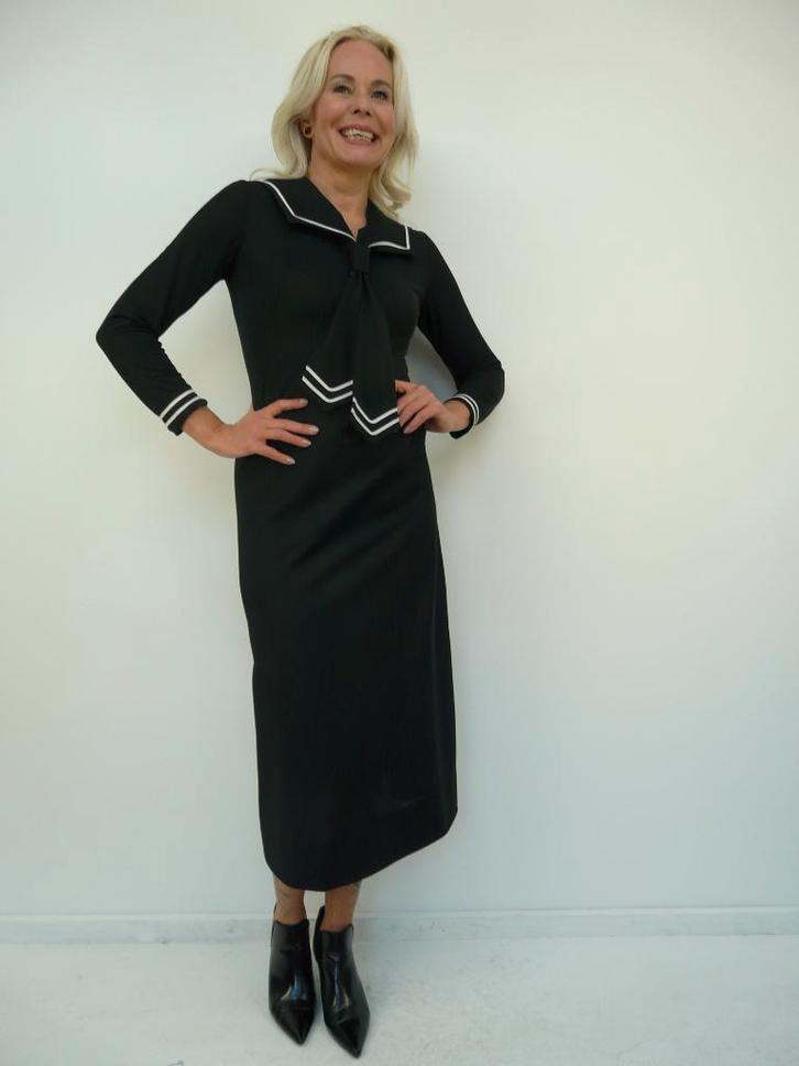 *Abfab Vintage 70's Jurk in Maritiem stijl uit Zweden 38*, Kleding | Dames, Jurken, Zo goed als nieuw, Maat 38/40 (M), Zwart, Onder de knie