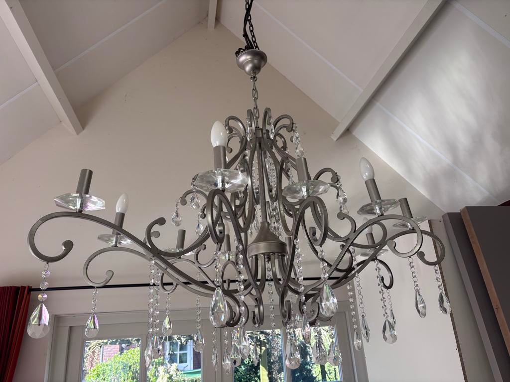 Grote stalen kroonluchter met glazen ornamenten, Ophalen, Gebruikt, Metaal