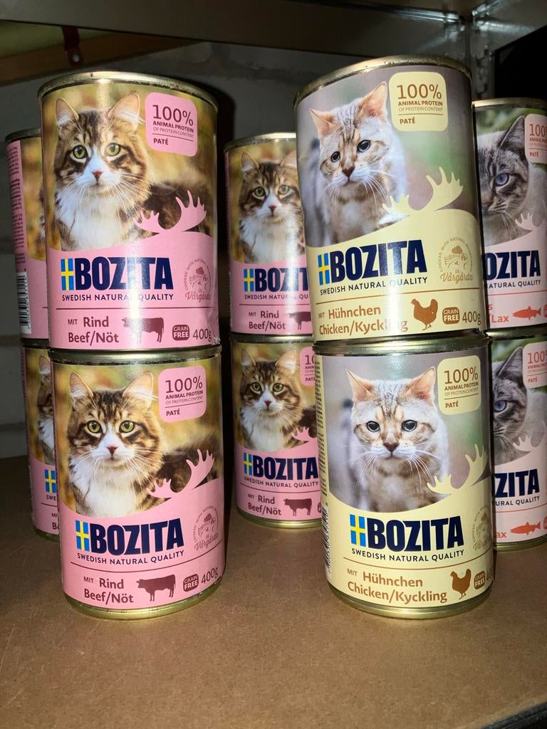 10 blikken gedeukt bozita kattenvoer houdbaar tot 11/26, Dieren en Toebehoren, Dierenvoeding, Ophalen of Verzenden, Kat