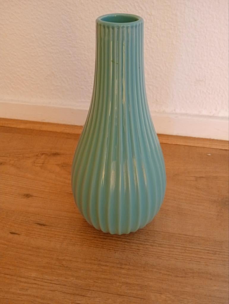 Turquoise vaas met ribbels, Antiek en Kunst, Ophalen of Verzenden