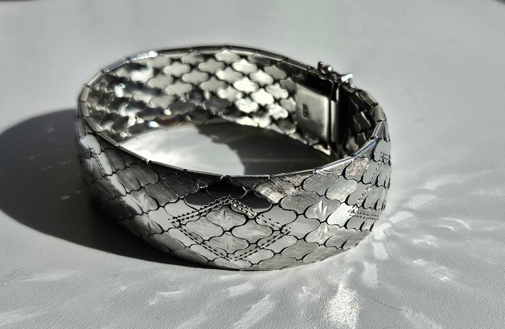 Brede zilveren (835) armband met arabesque schakels, Sieraden, Tassen en Uiterlijk, Armbanden, Ophalen, Gebruikt, Zilver, Zilver