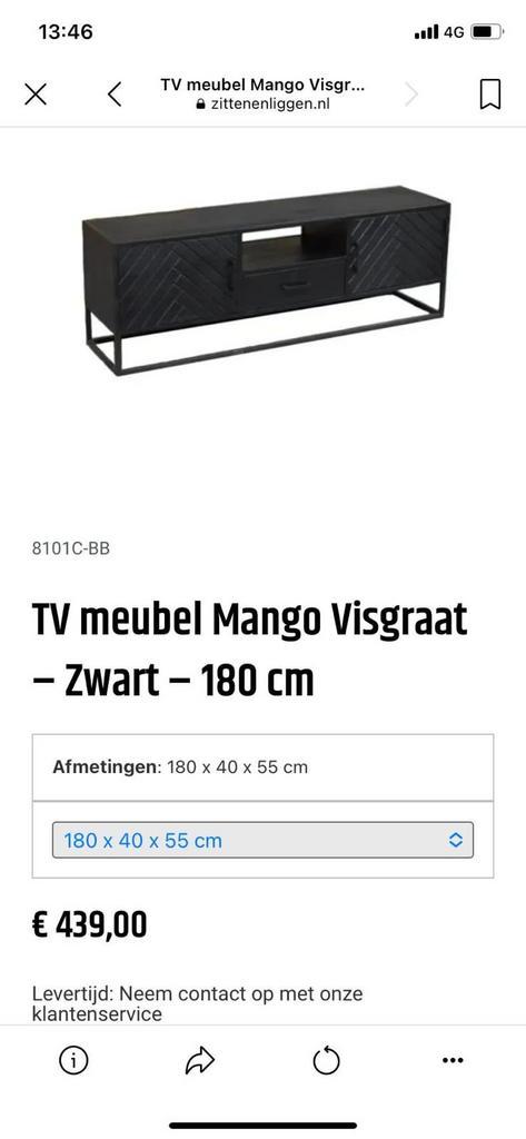 TV meubel mango visgraat - Zwart - 180 cm, Huis en Inrichting, Kasten | Televisiemeubels, Gebruikt, Minder dan 100 cm, 150 tot 200 cm