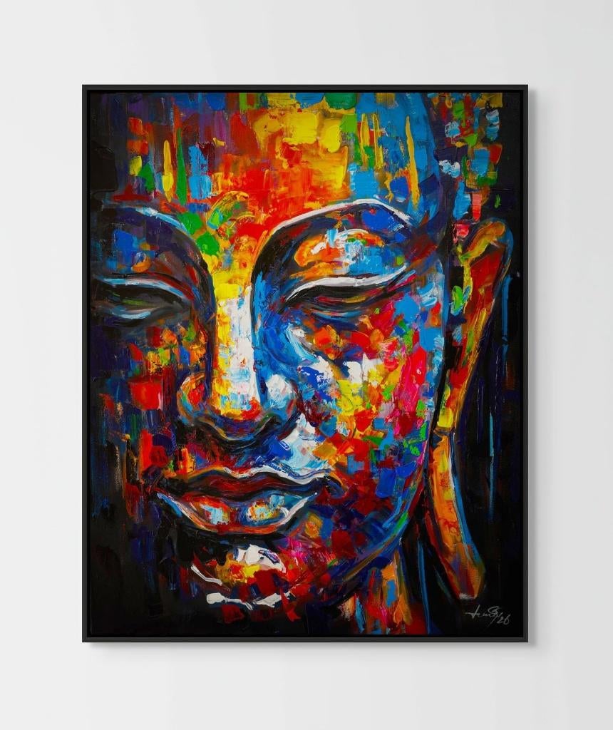 Boeddha schilderij 80x100 cm – handgeschilderd & uniek (1/1), Antiek en Kunst, Ophalen of Verzenden