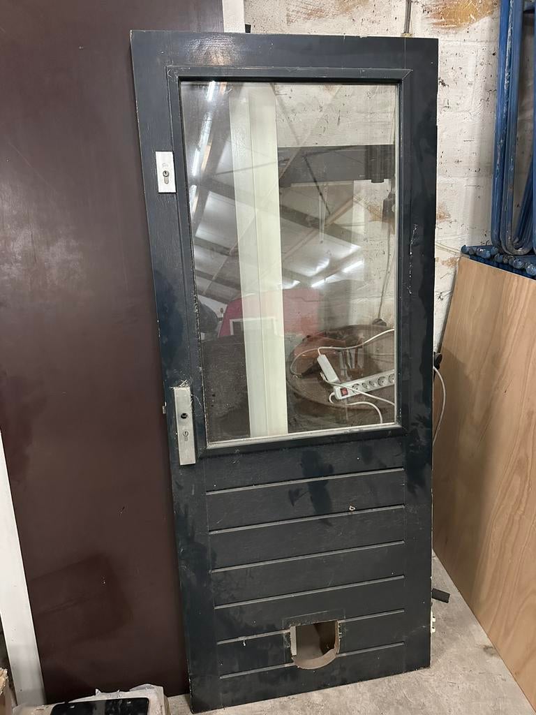 Houten deur met glas, Ophalen, Gebruikt, 80 tot 100 cm, Buitendeur