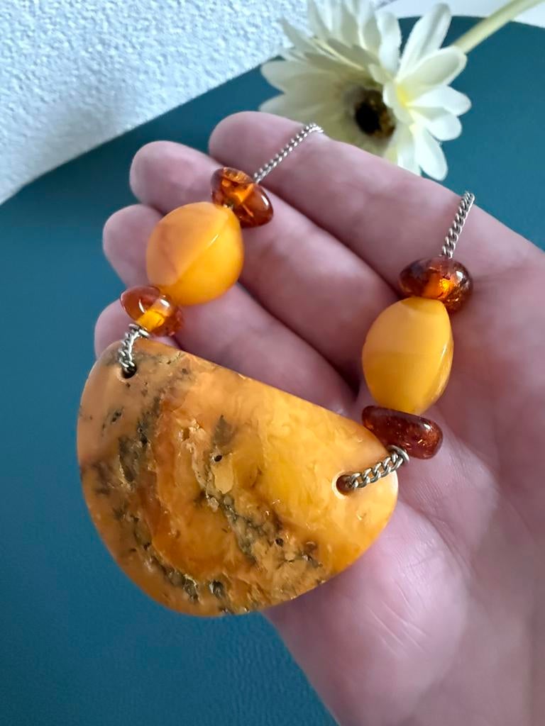 S092/Unieke 2 kleurige Natuurlijke BARNSTEEN ketting, Sieraden, Tassen en Uiterlijk, Kettingen, Gebruikt, Verzenden, Geel, X