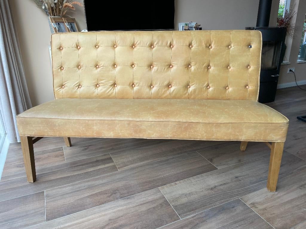 Rivièra Maison - Leren Eetkamerbank (Eettafelbank) - Bruin, Huis en Inrichting, Ophalen, Overige materialen, Gebruikt, Minder dan 75 cm