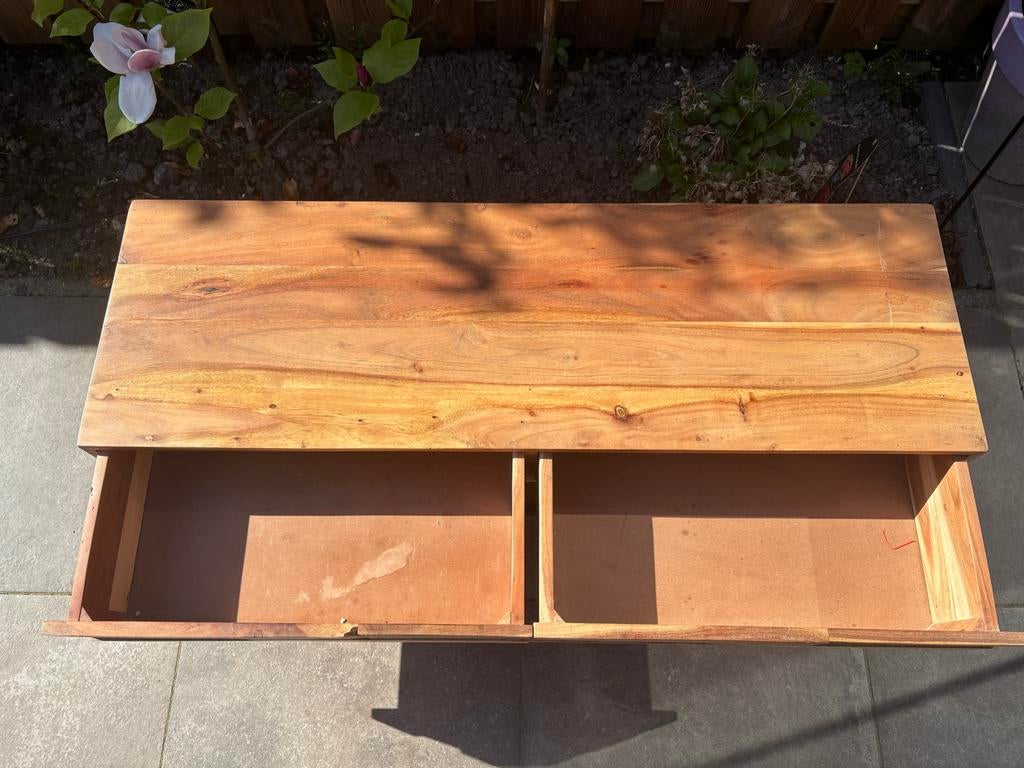 Acaciahouten TV-meubel met lades - 120x45 cm, Ophalen, Gebruikt, 100 tot 150 cm, Minder dan 100 cm