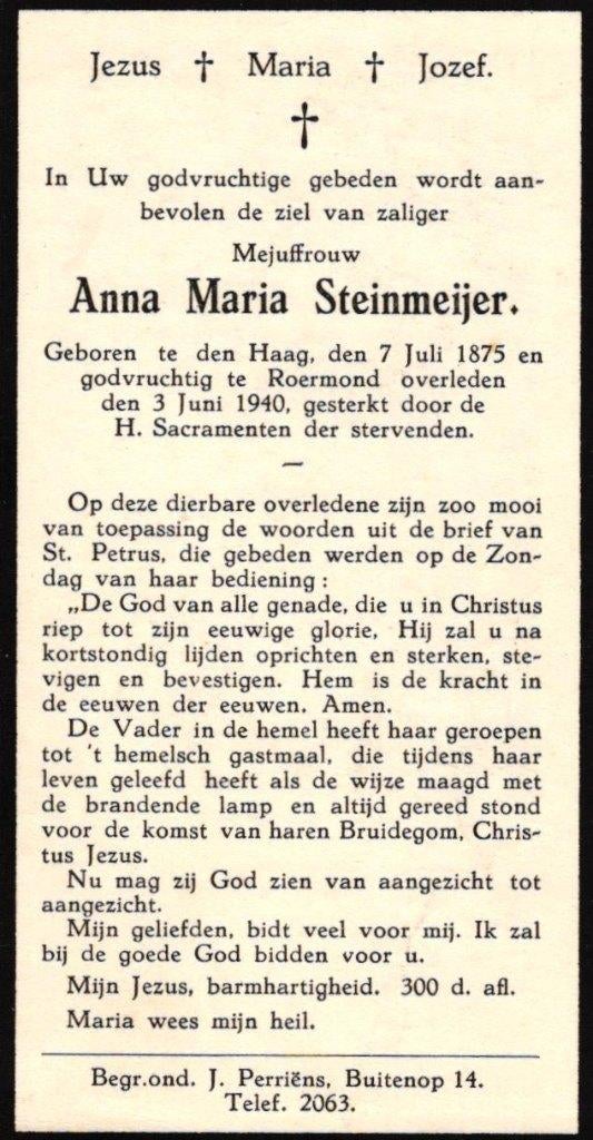 Steinmeijer Anna Maria Den Haag 1875-1940 Roermond, Ophalen of Verzenden