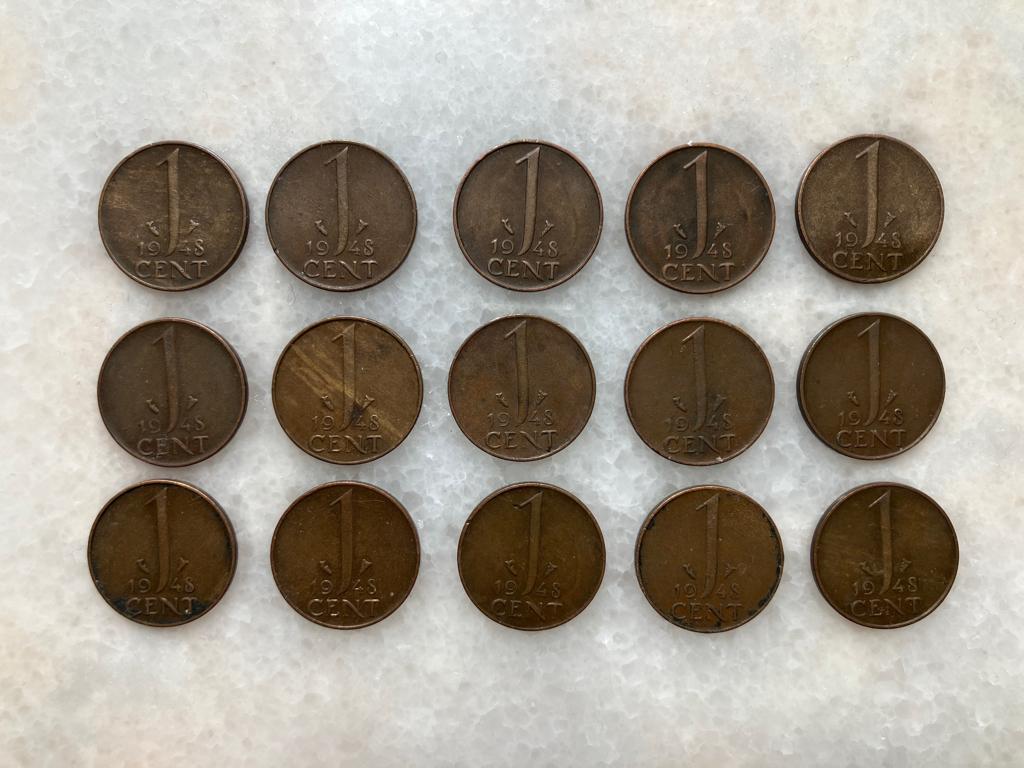 15 Centen 1948, Ophalen of Verzenden, Koningin Wilhelmina, 1 cent, Losse munt