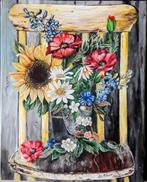 3 luik acryl schilderijen Jan de Bruin bloemen op stoel, Ophalen of Verzenden