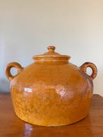 Oude Franse aardewerken confitpot met deksel – mosterdgeel, Ophalen