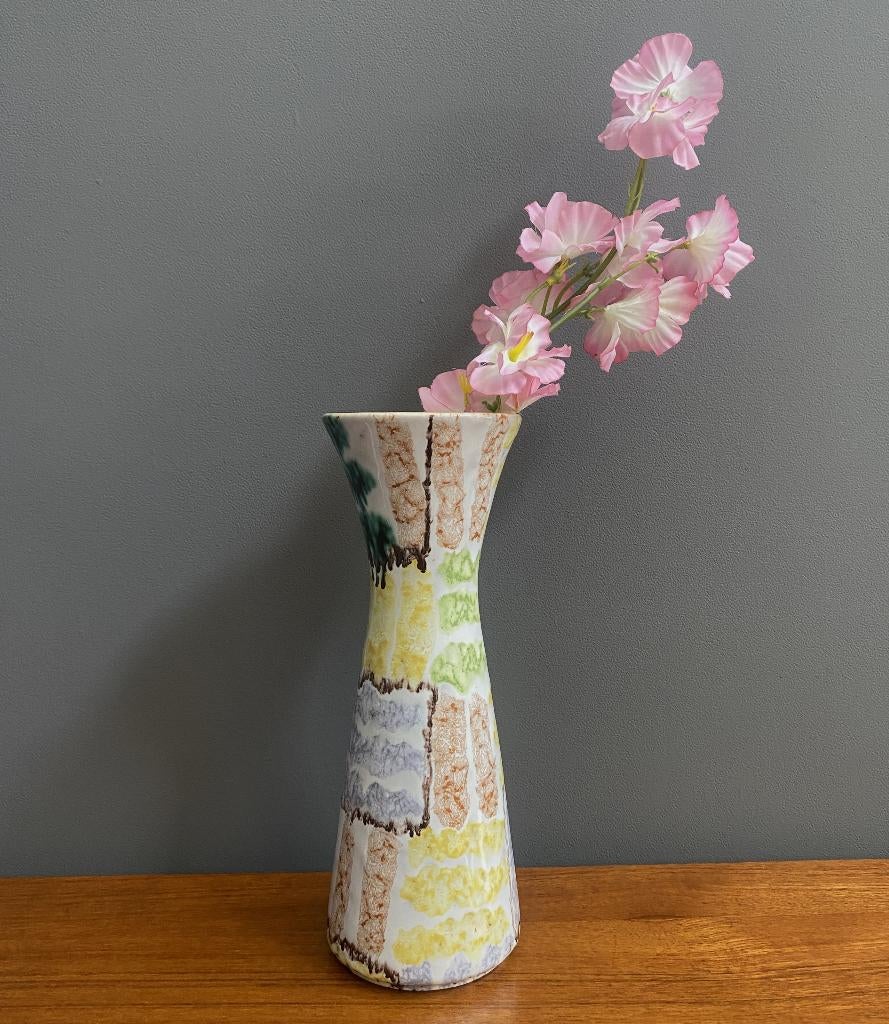 50 jaren D 7 JASBA vaas diabolo model geel pastel streep, Huis en Inrichting, Woonaccessoires | Vazen, Gebruikt, Overige kleuren