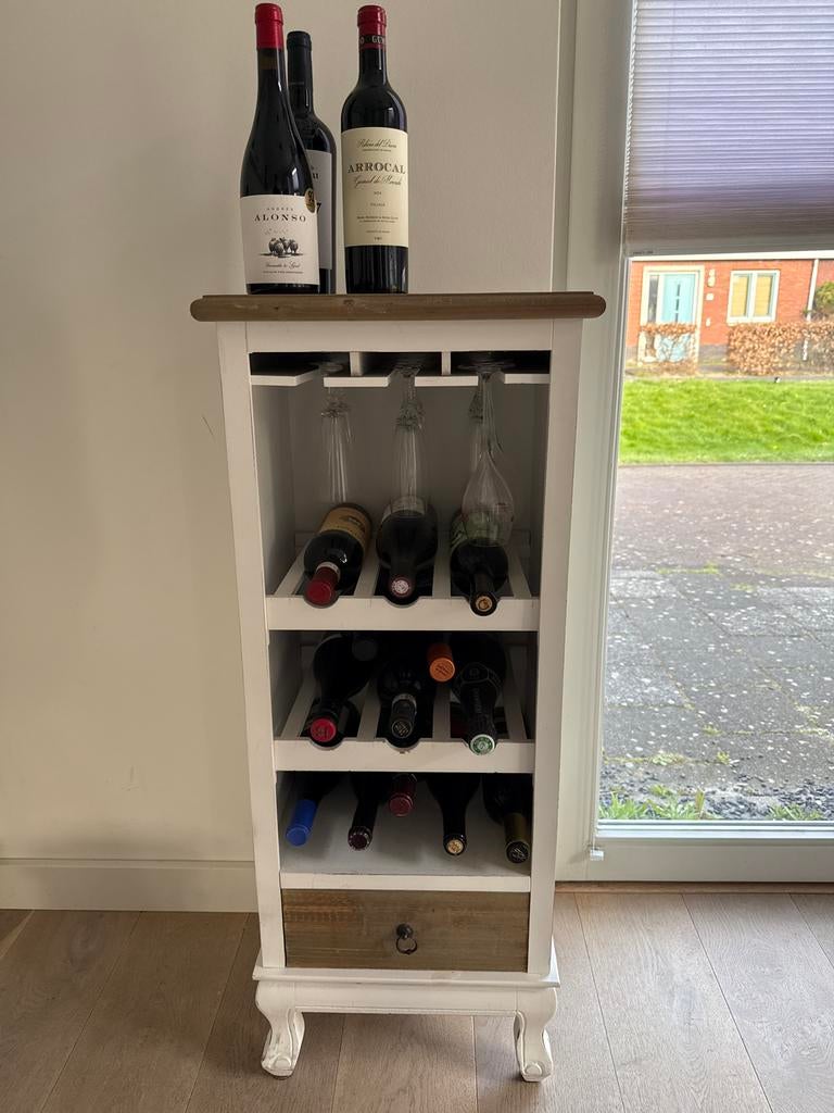 Wijnkastje met glashouder en lade, Huis en Inrichting, Woonaccessoires | Wijnrekken, Ophalen, Gebruikt, 5 tot 15 flessen, 75 cm of meer