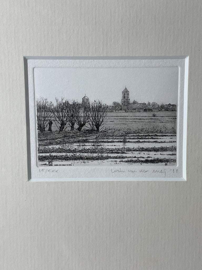 Rijnsaterwoude? Ets van Wim van der Meij 1988, Handgekleurd, Stadsgezicht, Ophalen of Verzenden, 8 cm