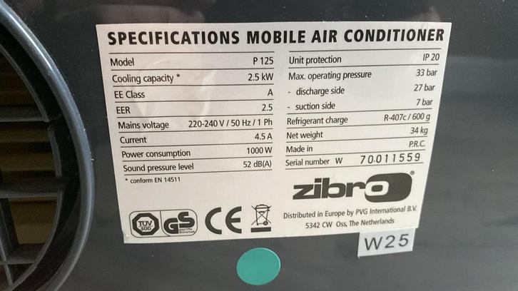 Zibro P 125 Mobiele Airco - Goed Onderhouden, Witgoed en Apparatuur, Airco's, Gebruikt, Mobiele airco, Minder dan 60 m³, 3 snelheden of meer