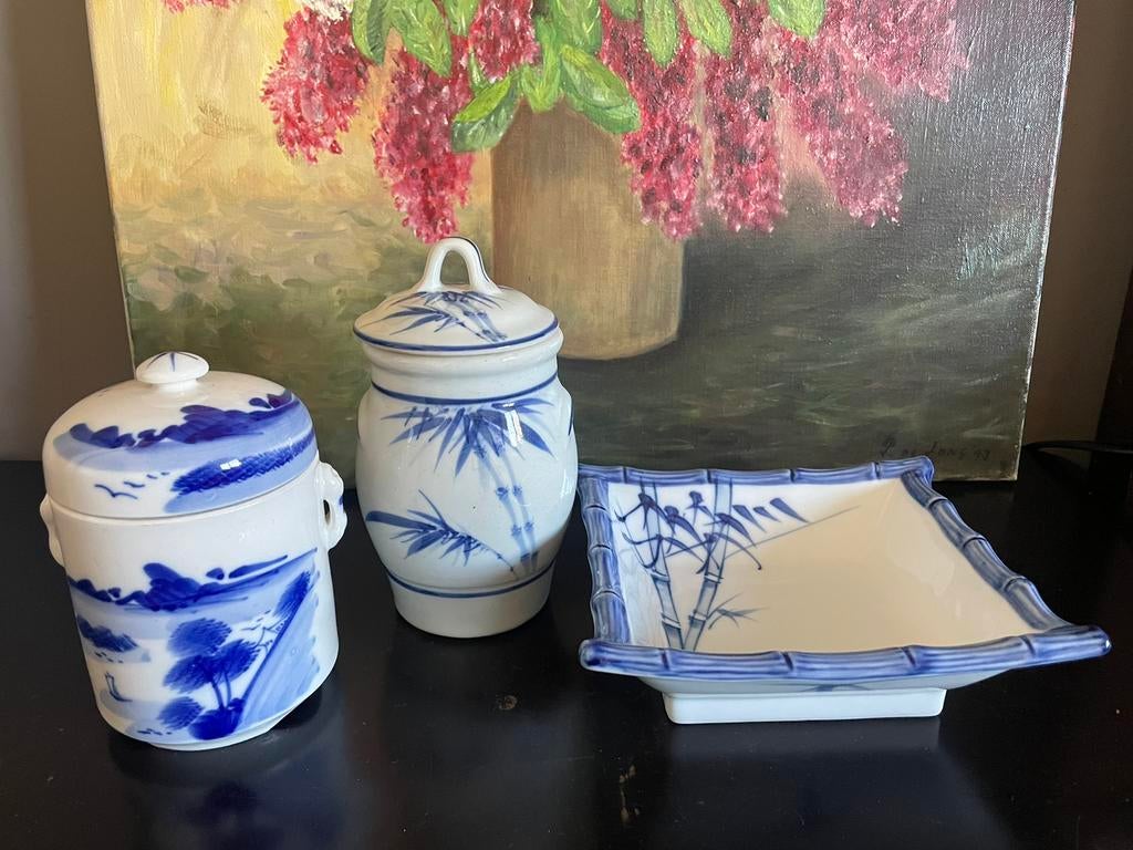 2 Chinese blauw/witte porseleinen theepotten en schaaltje, Overige typen, Ophalen of Verzenden, Zo goed als nieuw, Overige stijlen