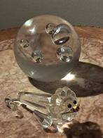 Glazen presse papier met luchtbellen en kristallen kat, Ophalen of Verzenden