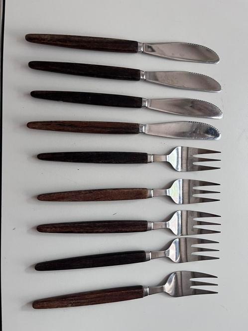 Vintage midcentury bestek met houten handvat, Huis en Inrichting, Keuken | Bestek, Gebruikt, Los bestek, Hout, Ophalen of Verzenden