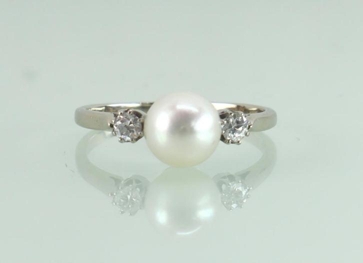 Art Deco witgouden ring parel diamant, Sieraden, Tassen en Uiterlijk, Antieke sieraden, Ring, Goud, Met edelsteen, Ophalen of Verzenden