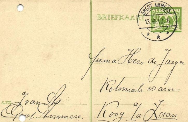 J. van As, Groot Ammers - 07.1940 - briefkaart, Postzegels en Munten, Brieven en Enveloppen | Nederland, Envelop, Ophalen of Verzenden