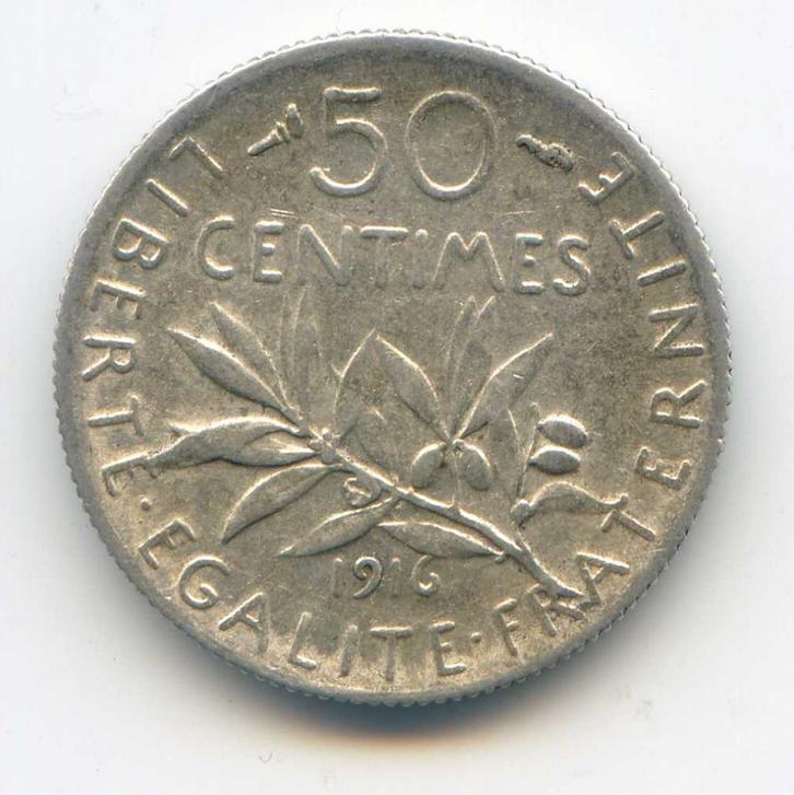 Frankrijk 50 Centimes 1916, Postzegels en Munten, Munten | Europa | Niet-Euromunten, Frankrijk, Zilver, Ophalen of Verzenden