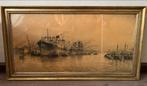 Oude Schepen in Haven - Tekening van Joop Molenaar, Antiek en Kunst, Ophalen
